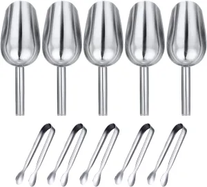 5Pcs Small Ice Tongs and 5Pcs Stainless Steel Ice Scoops, Mini Sugar Tongs Sweet Scoops Set for Sugar Cubes Ice Cubes Dessert Buffet Picnic