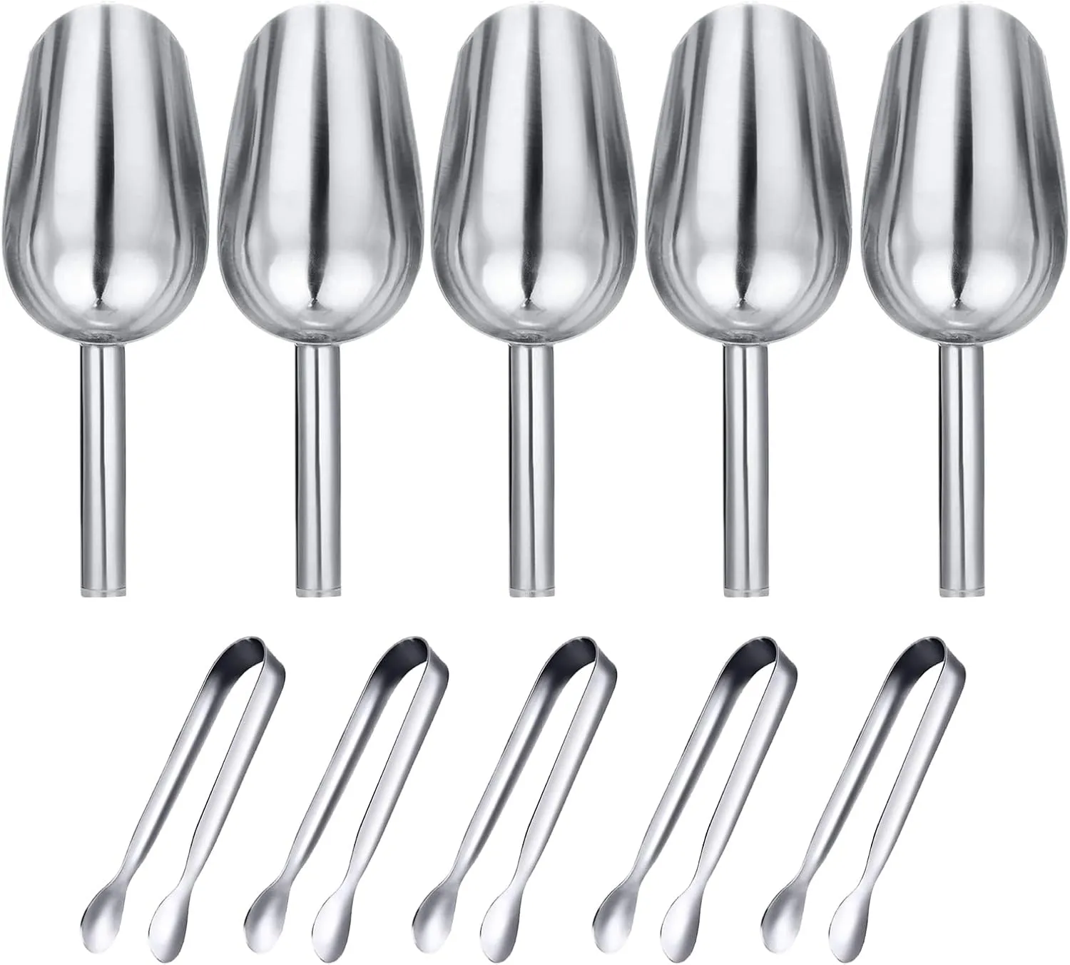 5Pcs Small Ice Tongs and 5Pcs Stainless Steel Ice Scoops, Mini Sugar Tongs Sweet Scoops Set for Sugar Cubes Ice Cubes Dessert Buffet Picnic