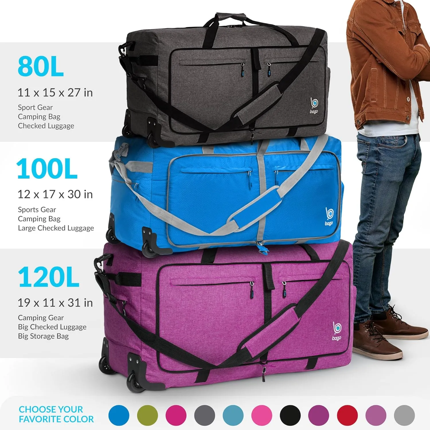 Bago Rolling Duffle Bag with Wheels - 30" 100L Foldable Weekender Bag, Waterproof Travel Duffel Bag, Heavy Duty lightWeight Duffle Bag for Traveling, Rolling Duffel Bag with Wheels (SnowBlue)
