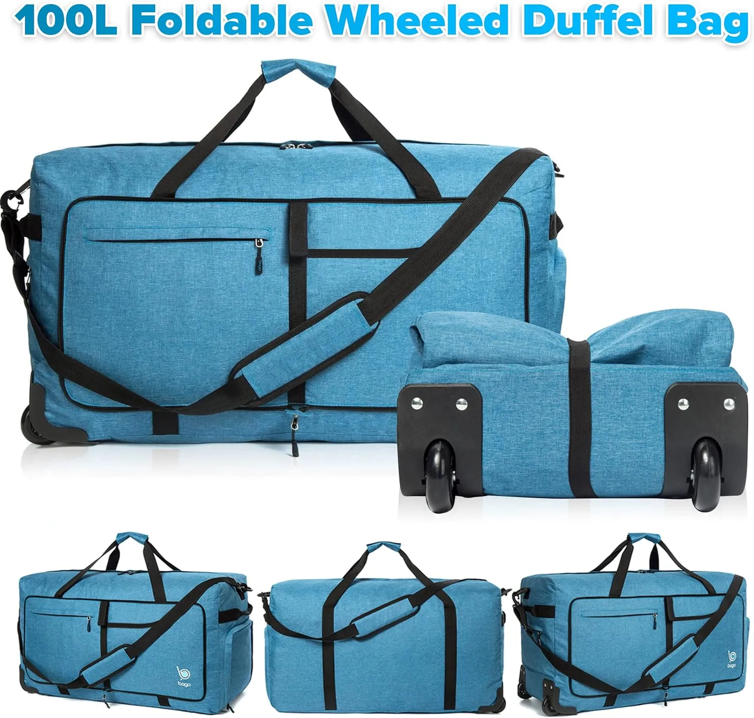 Bago Rolling Duffle Bag with Wheels - 30" 100L Foldable Weekender Bag, Waterproof Travel Duffel Bag, Heavy Duty lightWeight Duffle Bag for Traveling, Rolling Duffel Bag with Wheels (SnowBlue)