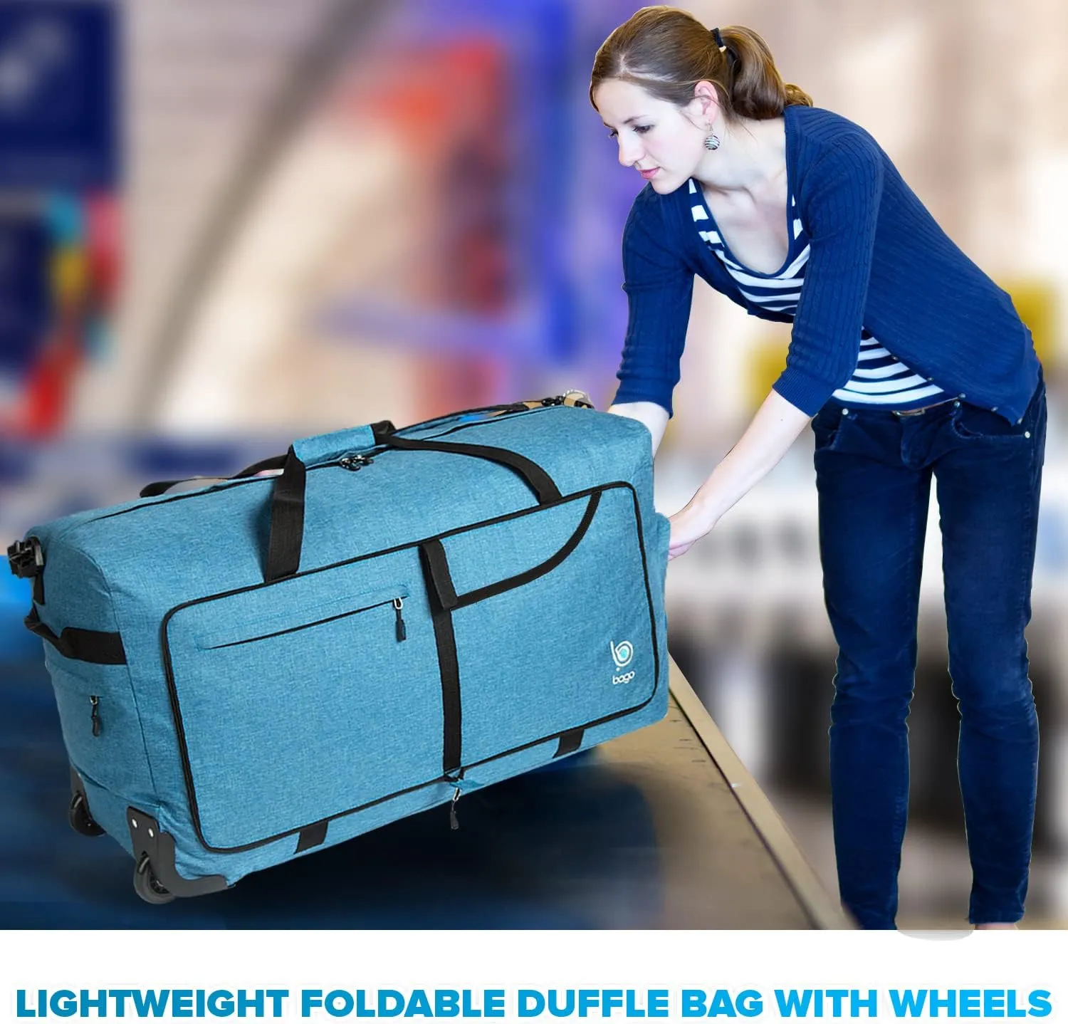 Bago Rolling Duffle Bag with Wheels - 30" 100L Foldable Weekender Bag, Waterproof Travel Duffel Bag, Heavy Duty lightWeight Duffle Bag for Traveling, Rolling Duffel Bag with Wheels (SnowBlue)