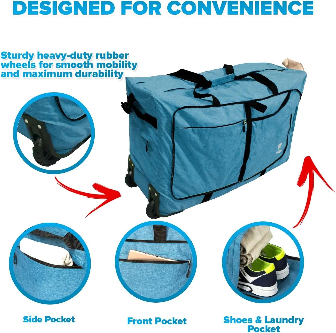 Bago Rolling Duffle Bag with Wheels - 30" 100L Foldable Weekender Bag, Waterproof Travel Duffel Bag, Heavy Duty lightWeight Duffle Bag for Traveling, Rolling Duffel Bag with Wheels (SnowBlue)