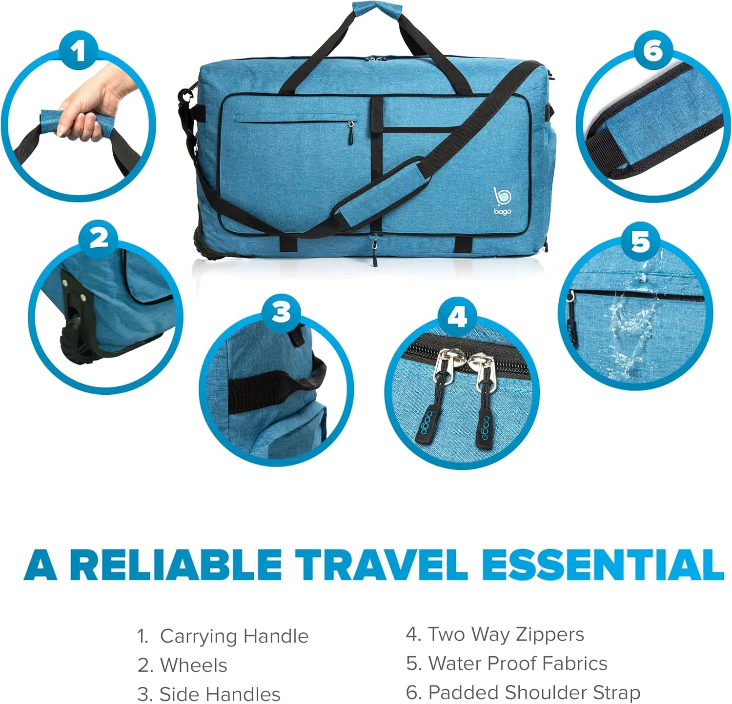 Bago Rolling Duffle Bag with Wheels - 30" 100L Foldable Weekender Bag, Waterproof Travel Duffel Bag, Heavy Duty lightWeight Duffle Bag for Traveling, Rolling Duffel Bag with Wheels (SnowBlue)