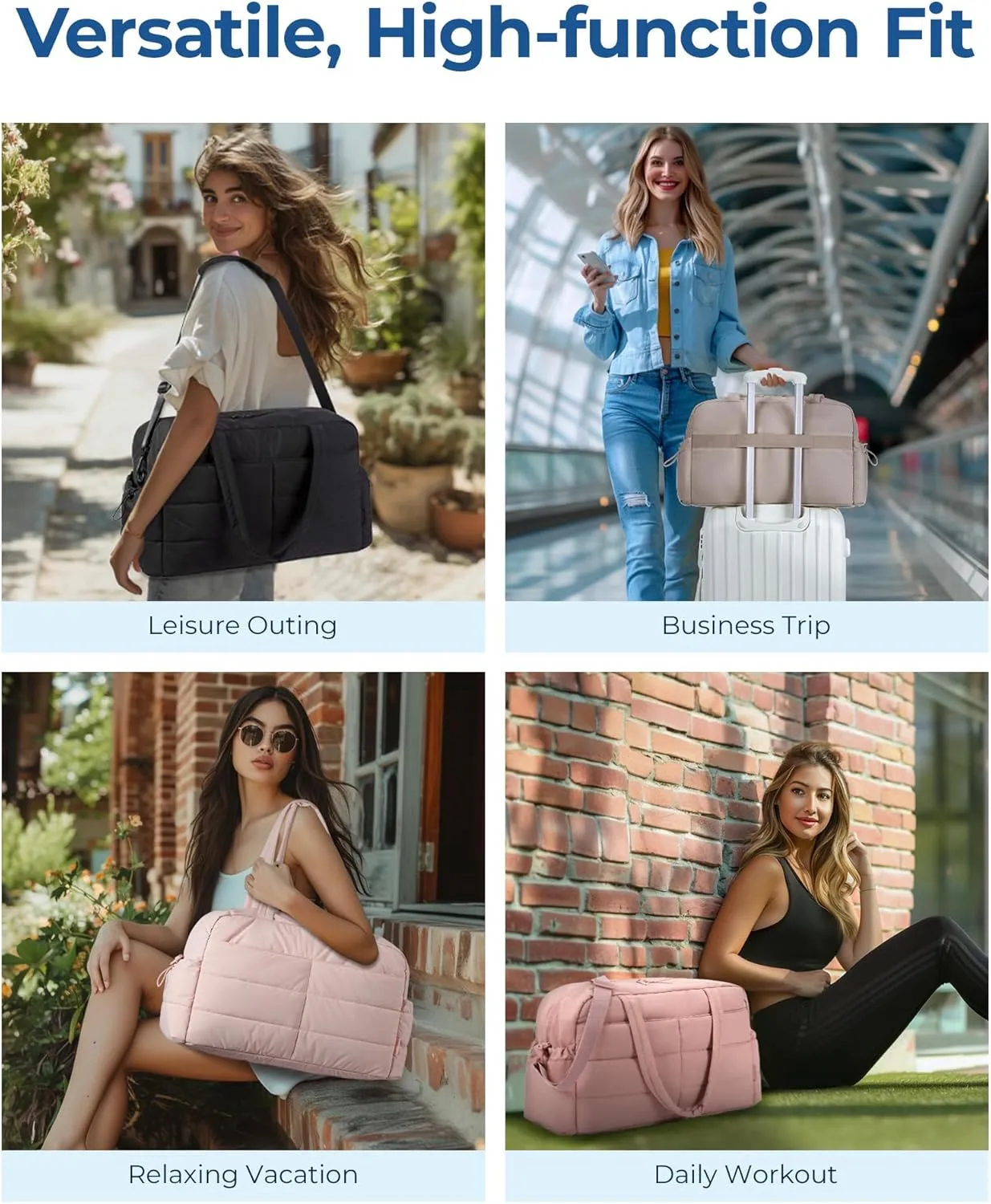 BAGSMART Gym Bag for Women with Toiletry Pouch, Lightweight Weekender Bags for Women with Wet Pocket, 31L Quilted Travel Duffle Carry On Bag, Weekender Overnight Bag for Travel,Water Resistant, Camel