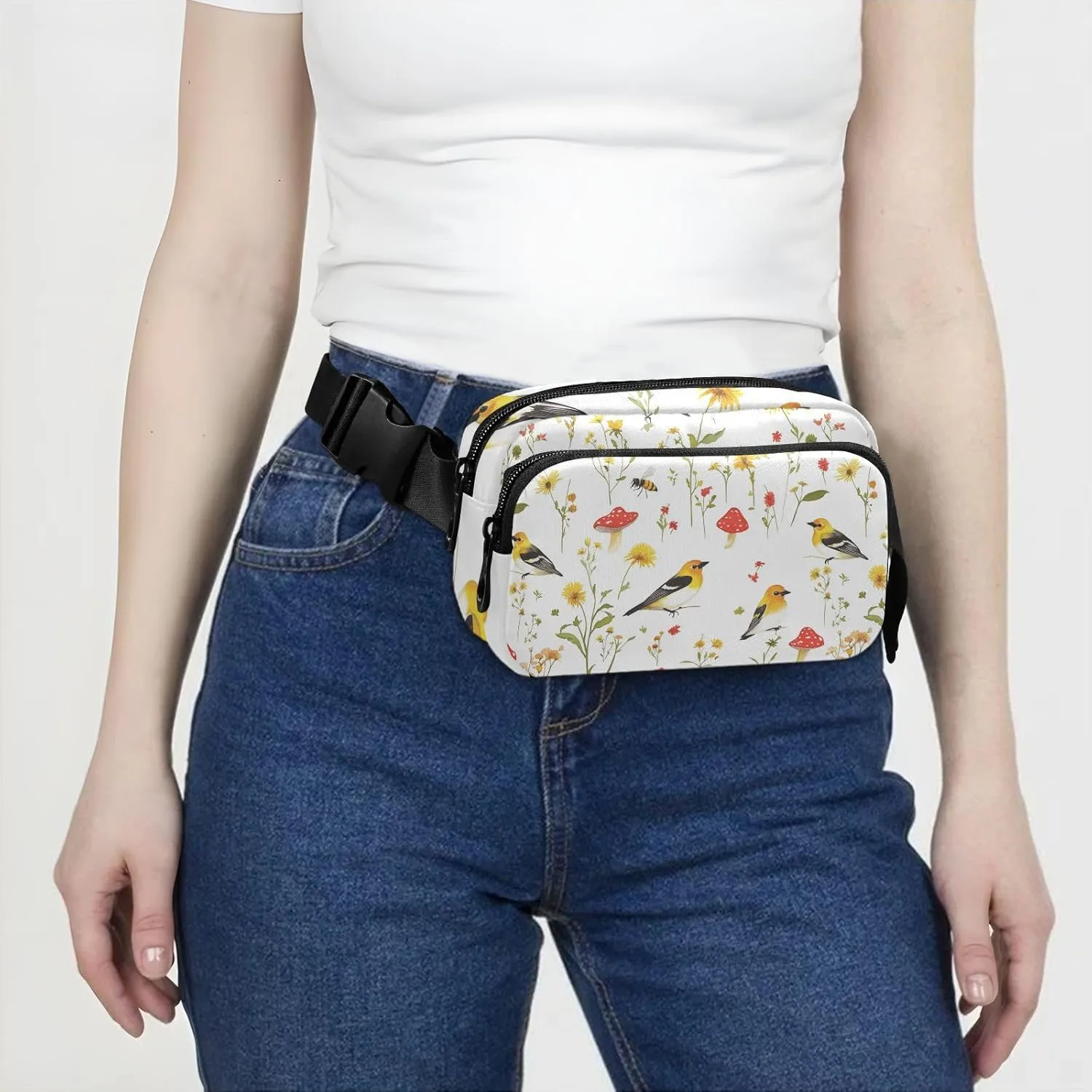 Cartoon American Goldfinch Birds White Cute Waist Pack Crossbody Bag for Women Men Teenagers Water Resistant Belt Bag with Adjustable Strap for Travel Gym Work