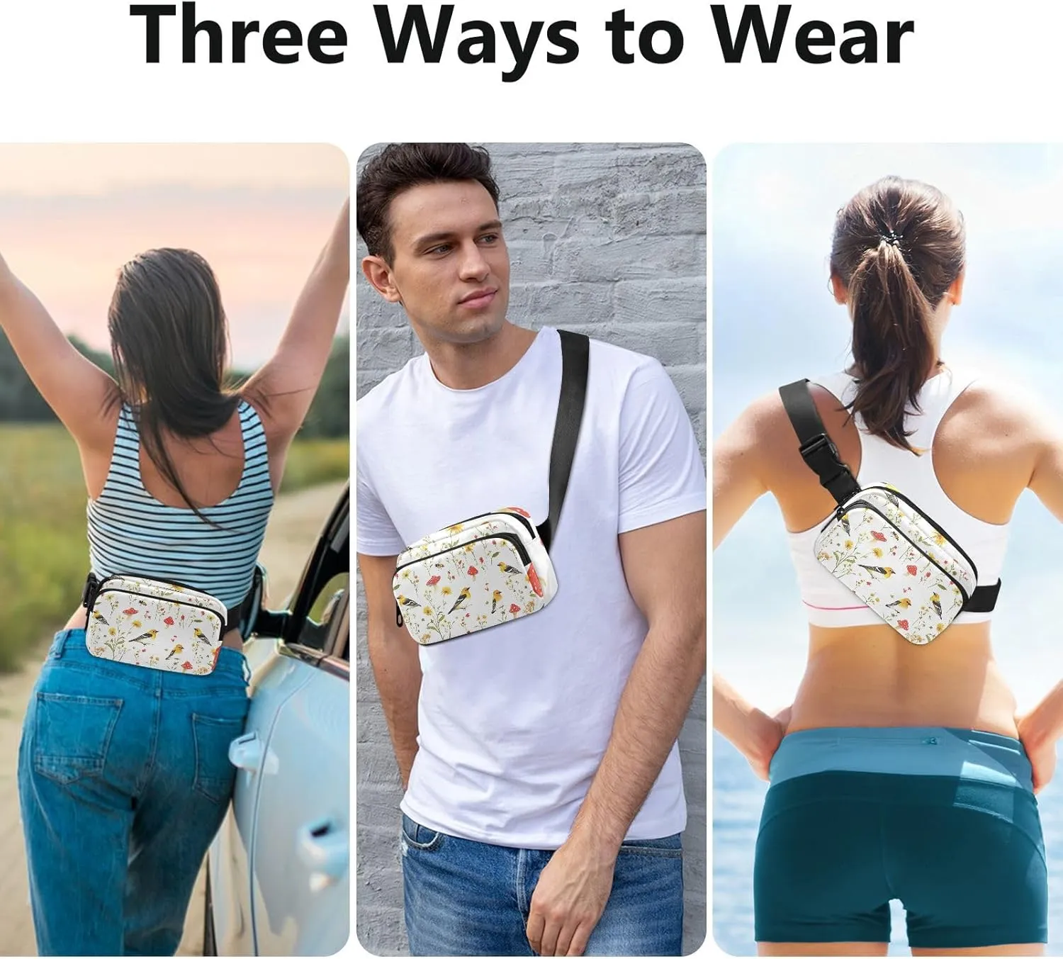 Cartoon American Goldfinch Birds White Cute Waist Pack Crossbody Bag for Women Men Teenagers Water Resistant Belt Bag with Adjustable Strap for Travel Gym Work