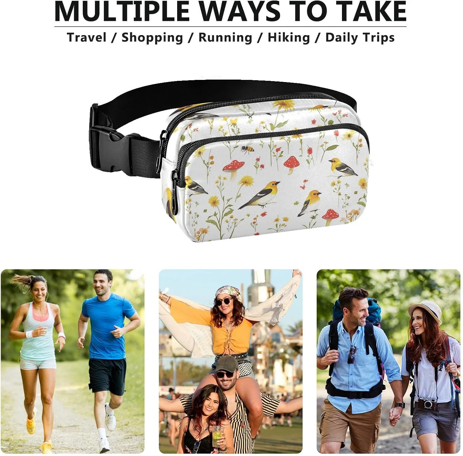Cartoon American Goldfinch Birds White Cute Waist Pack Crossbody Bag for Women Men Teenagers Water Resistant Belt Bag with Adjustable Strap for Travel Gym Work