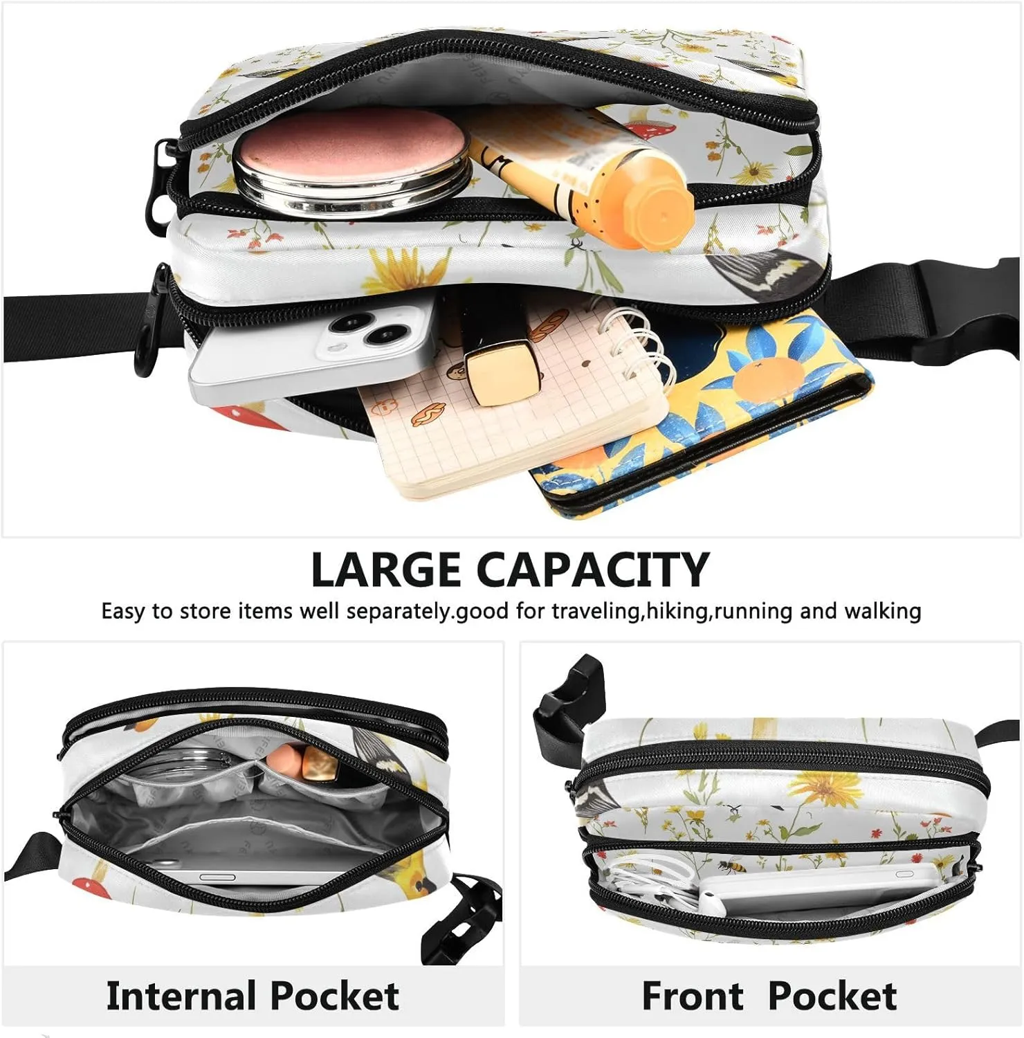Cartoon American Goldfinch Birds White Cute Waist Pack Crossbody Bag for Women Men Teenagers Water Resistant Belt Bag with Adjustable Strap for Travel Gym Work
