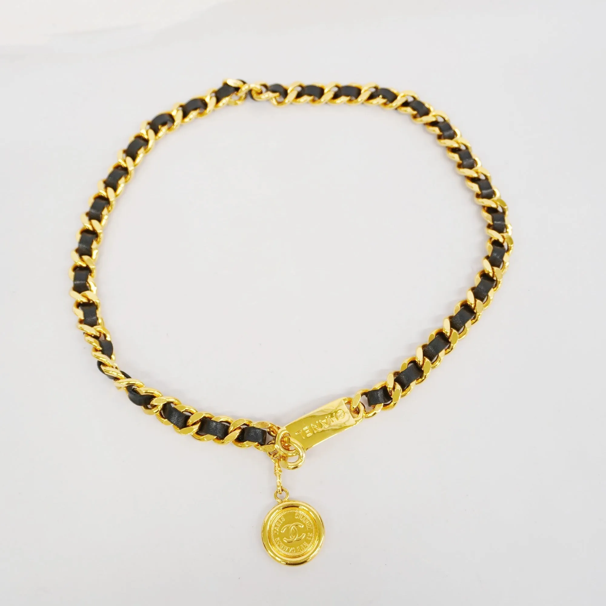 CHANELAuth  Belt Gold Metal Women's Leather Chain Belt Black