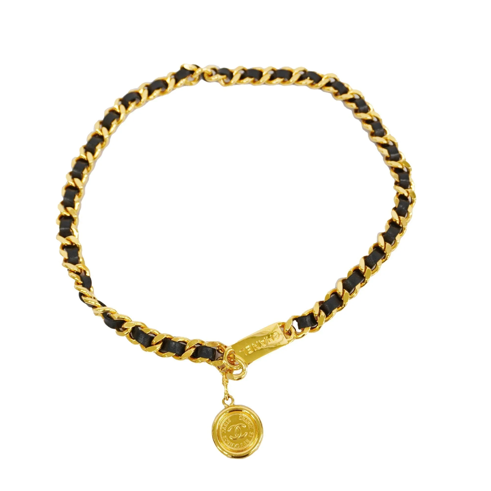 CHANELAuth  Belt Gold Metal Women's Leather Chain Belt Black