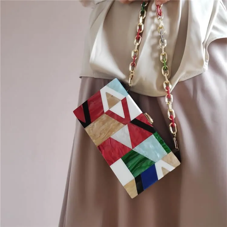 Classic Geometric Lattice Patchwork Acrylic Clutch