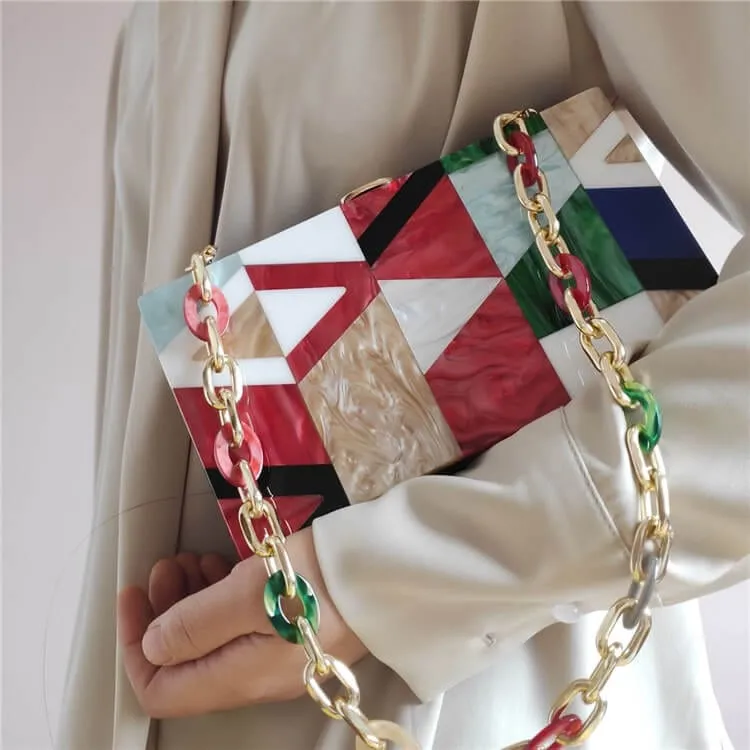 Classic Geometric Lattice Patchwork Acrylic Clutch