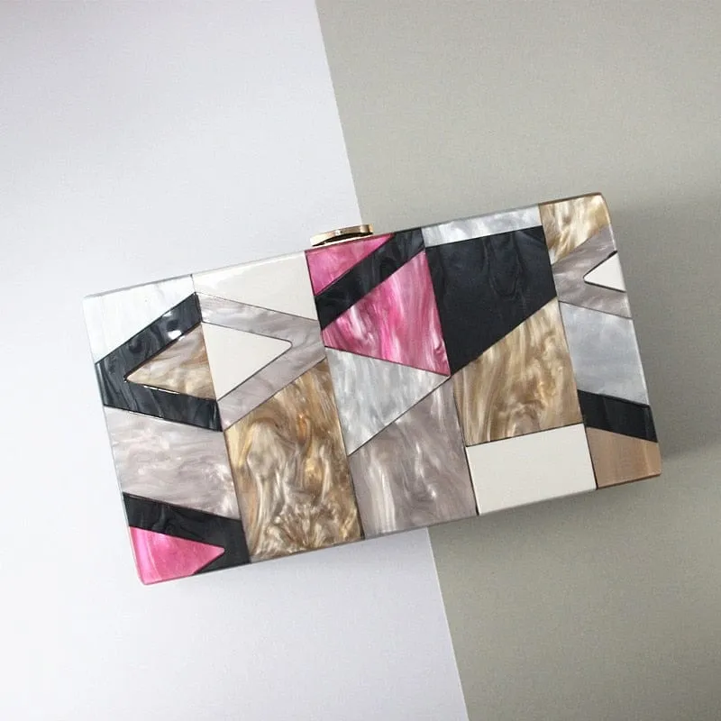 Classic Geometric Lattice Patchwork Acrylic Clutch