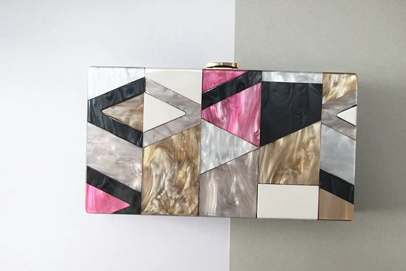 Classic Geometric Lattice Patchwork Acrylic Clutch