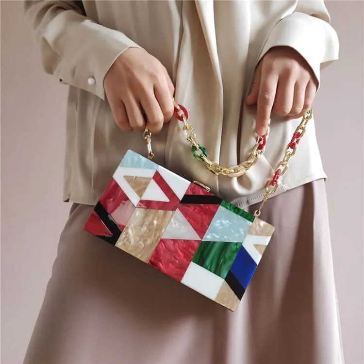 Classic Geometric Lattice Patchwork Acrylic Clutch