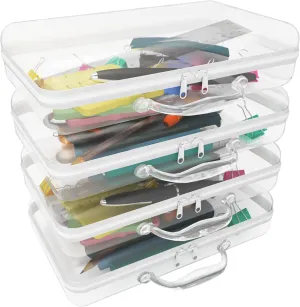 Clear Hard Zipper Case with Handle Hard-Sided Premium Storage Case Plastic Clear Hard Shell Zipper Pouch Portable Travel Organizer Box for Building Blocks Puzzles Cosmetic Makeup Pencil (4 Pcs)