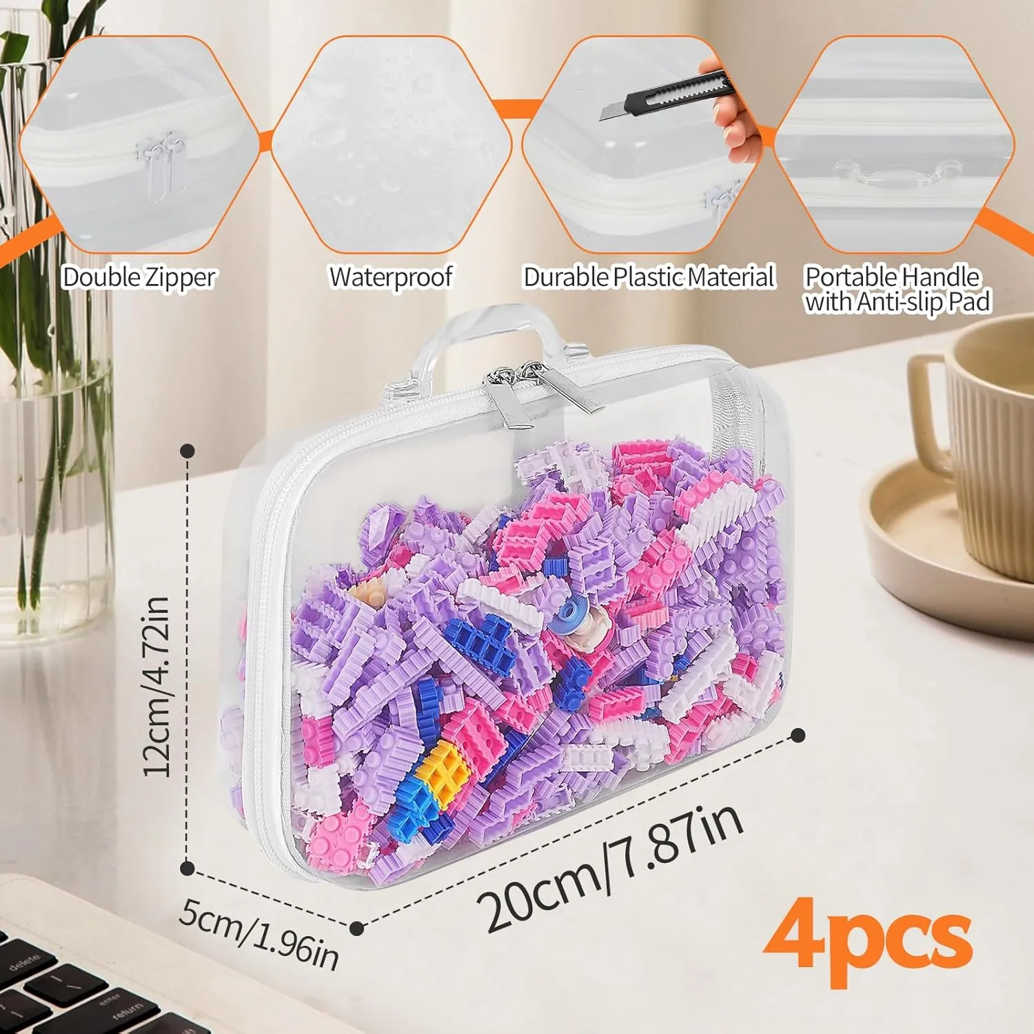Clear Hard Zipper Case with Handle Hard-Sided Premium Storage Case Plastic Clear Hard Shell Zipper Pouch Portable Travel Organizer Box for Building Blocks Puzzles Cosmetic Makeup Pencil (4 Pcs)