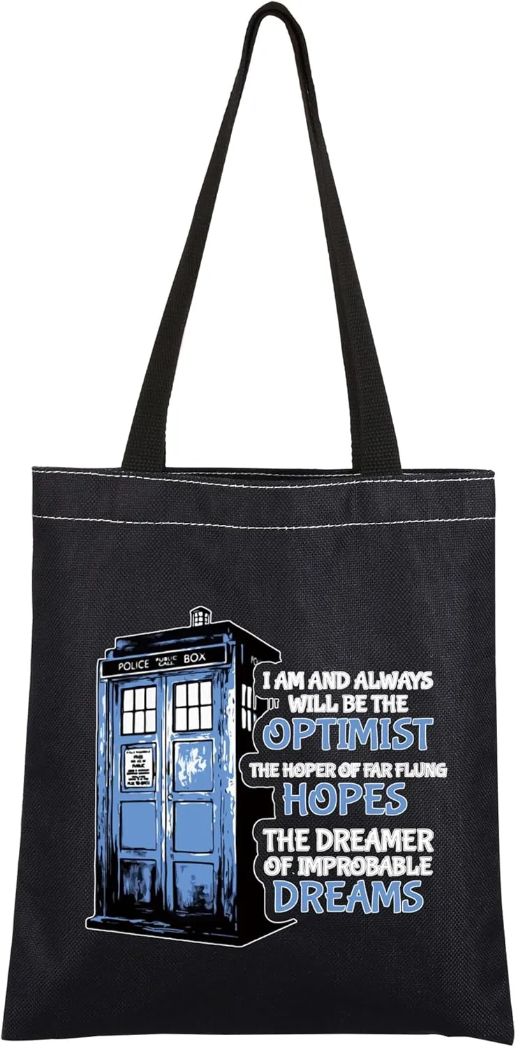 CMNIM Doctor Movie TV Show Dr Who Black Tote Bag Doctor Movie Lover Gift Police Blue Box Theme Shoulder Bag for Fan