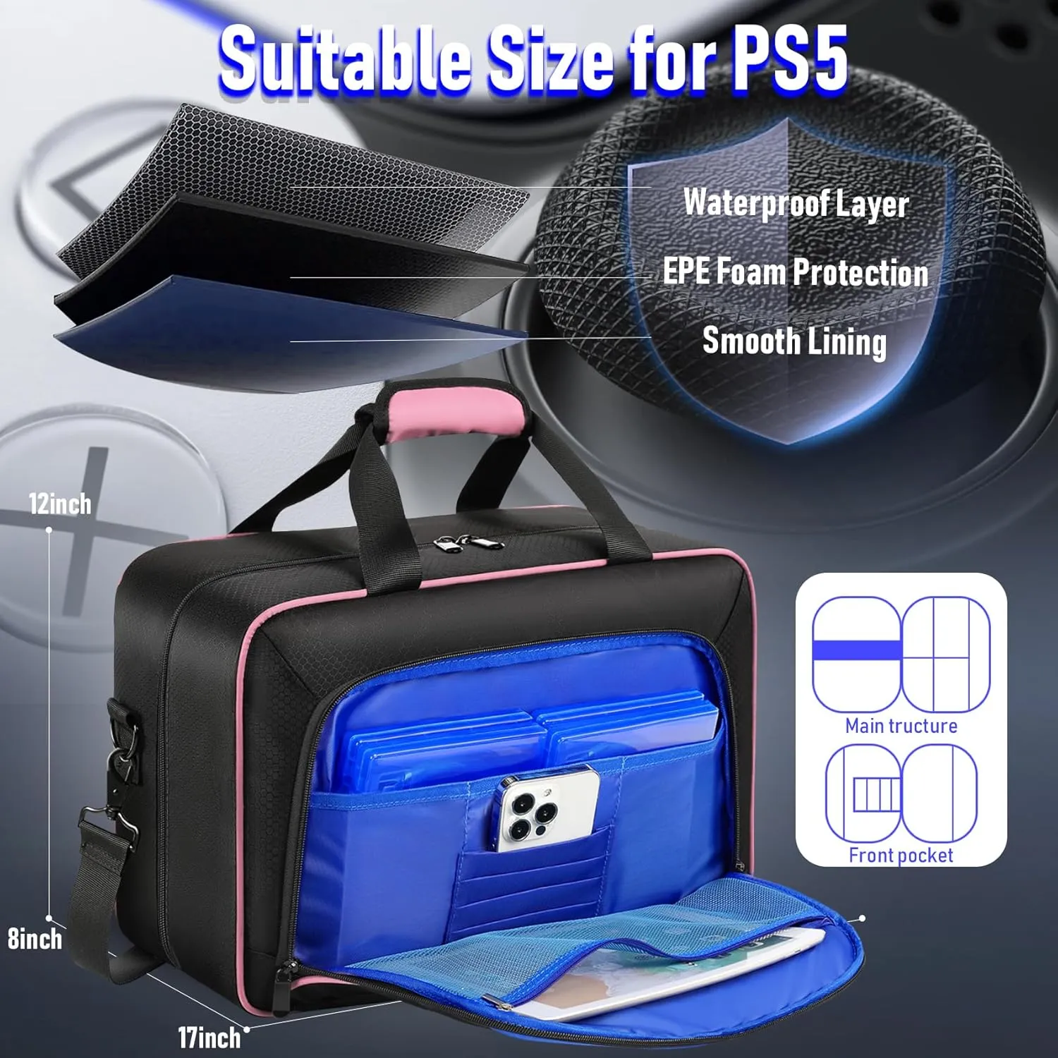 COMECOI Carrying Case for PS5, Travel Case for PS 5 Protective, Large Capacity Storage Bag Compatible with Playstation 5 Disk/ Digital Edition Console, Controllers, Game Cards, Accessories, Pink