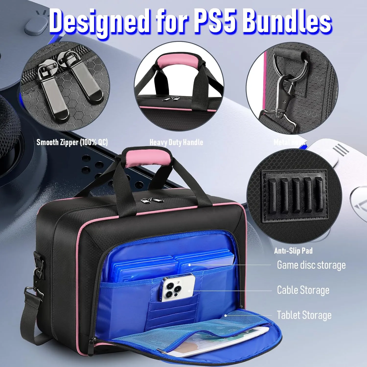 COMECOI Carrying Case for PS5, Travel Case for PS 5 Protective, Large Capacity Storage Bag Compatible with Playstation 5 Disk/ Digital Edition Console, Controllers, Game Cards, Accessories, Pink