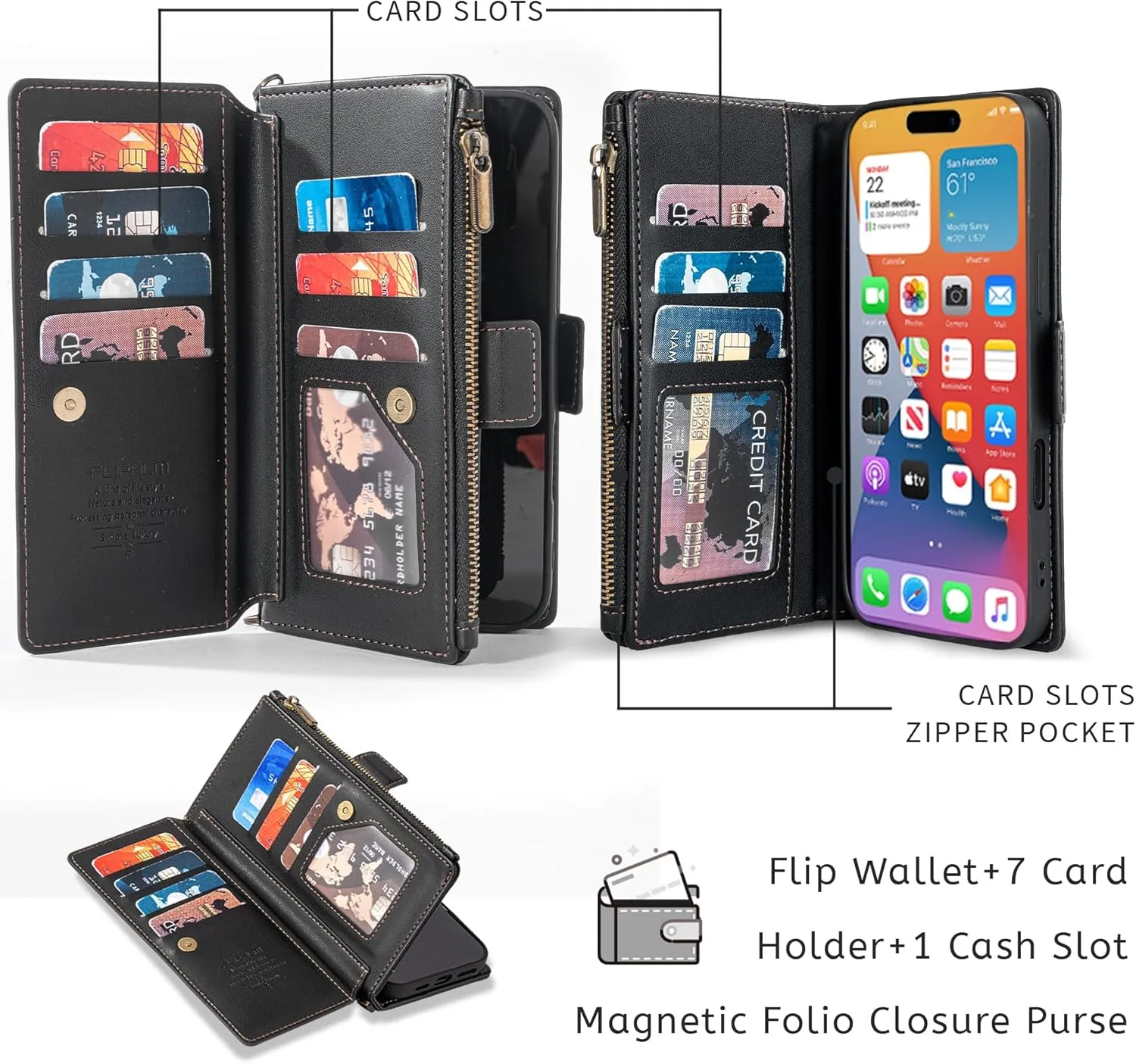 Compatible with iPhone 16 6.1" Wallet Case with RFID Blocking Credit Card Holder,PU Leather Flip Lanyard Strap Wristlet Zipper Women Men Phone Cases for Apple 16 (Black)