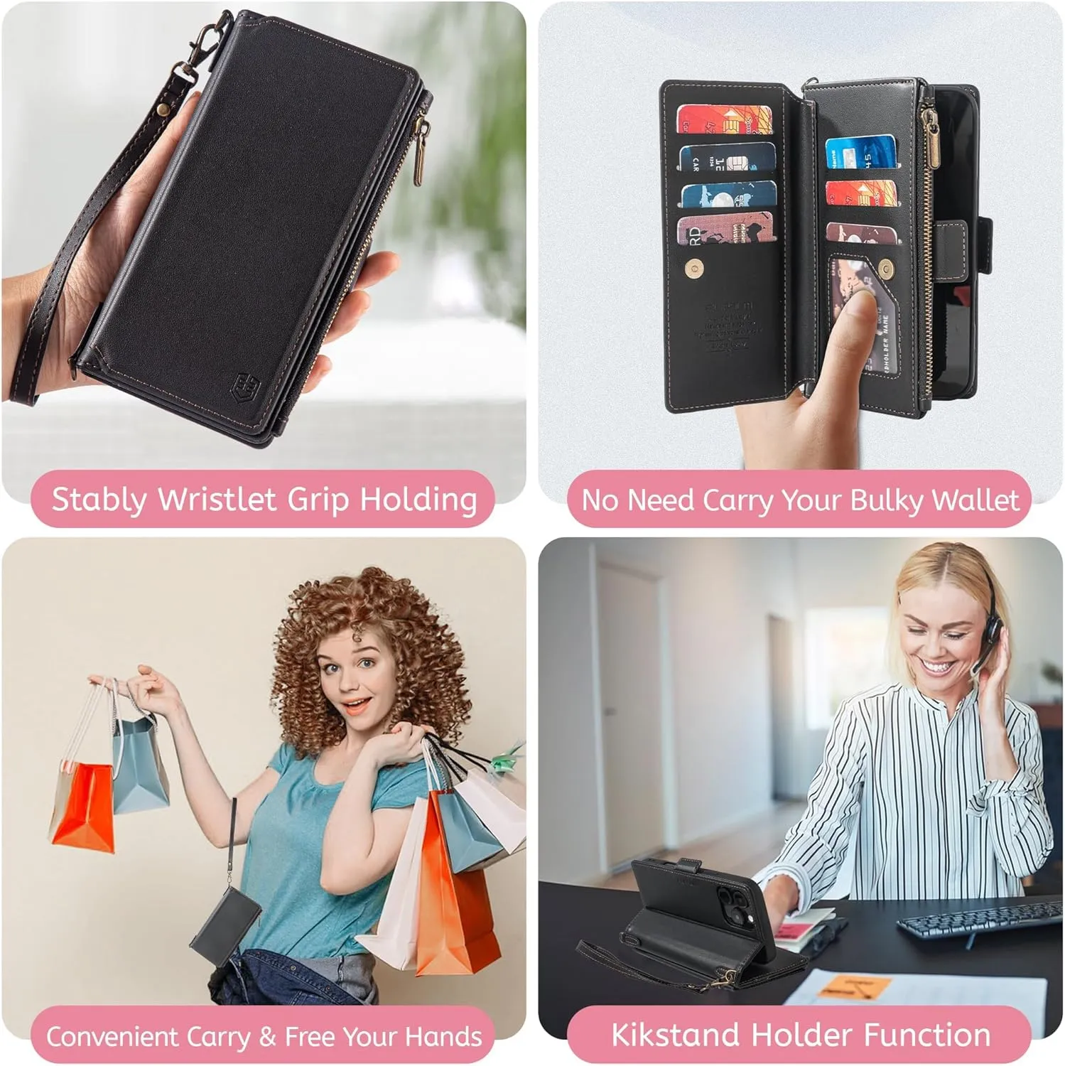 Compatible with iPhone 16 6.1" Wallet Case with RFID Blocking Credit Card Holder,PU Leather Flip Lanyard Strap Wristlet Zipper Women Men Phone Cases for Apple 16 (Black)