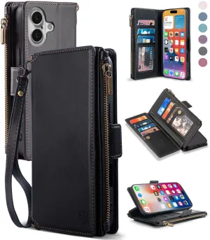 Compatible with iPhone 16 6.1" Wallet Case with RFID Blocking Credit Card Holder,PU Leather Flip Lanyard Strap Wristlet Zipper Women Men Phone Cases for Apple 16 (Black)