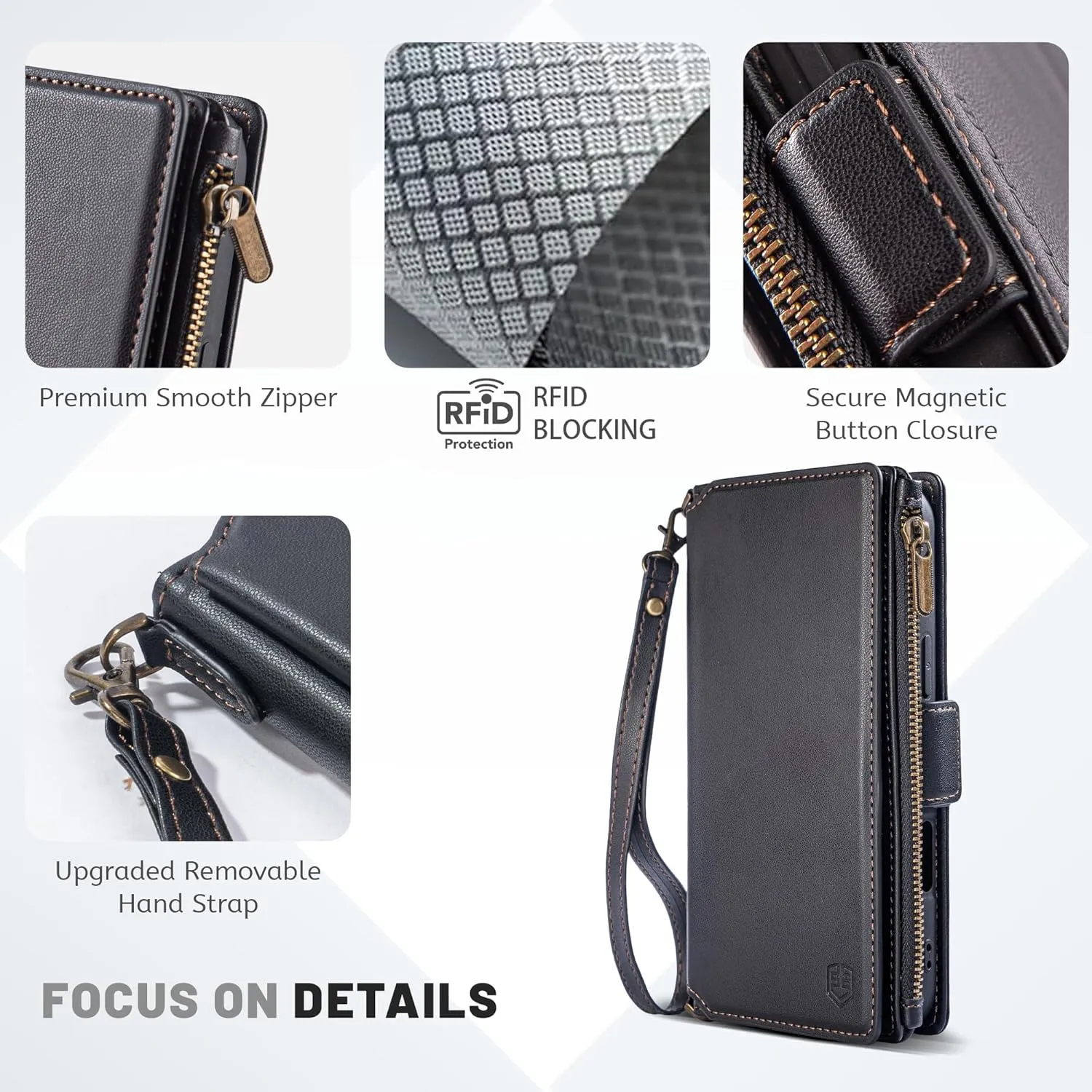 Compatible with iPhone 16 6.1" Wallet Case with RFID Blocking Credit Card Holder,PU Leather Flip Lanyard Strap Wristlet Zipper Women Men Phone Cases for Apple 16 (Black)