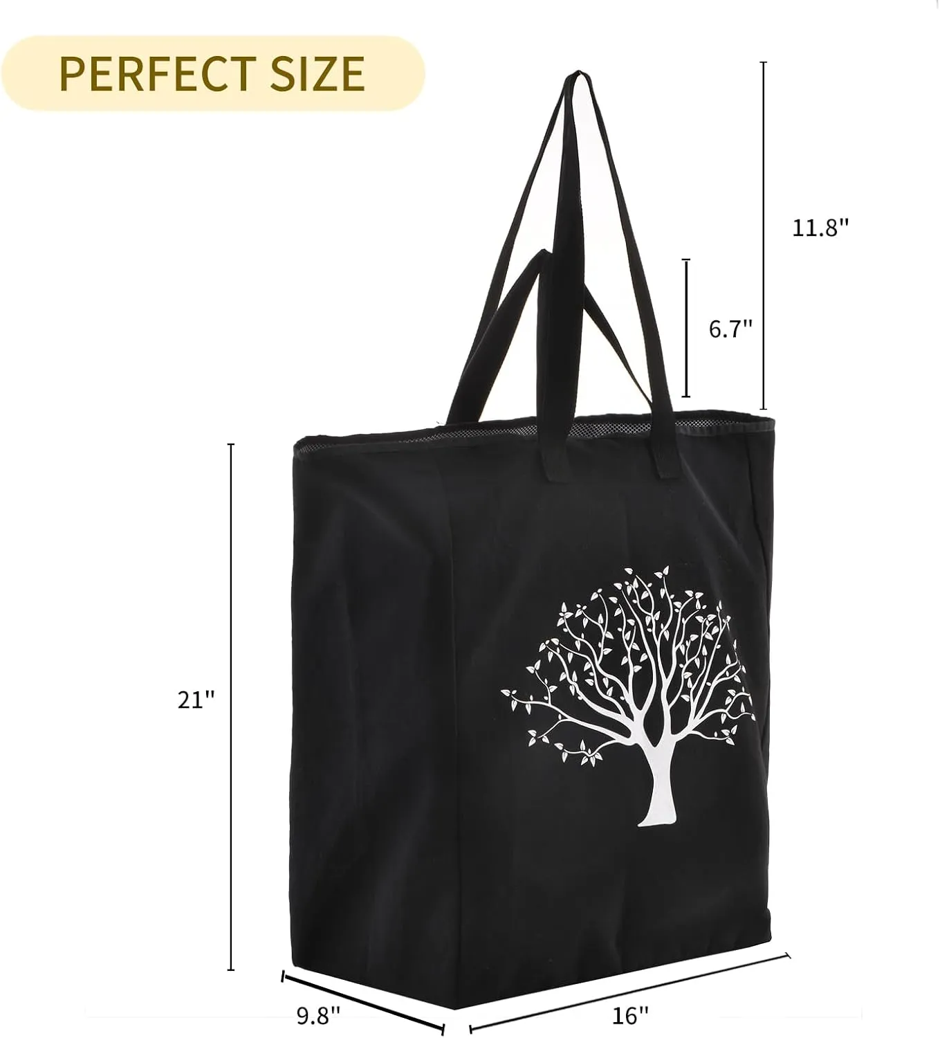 Cotton Laundry Bag XL, AXJ Extra Large Heavy Duty Grocery Bag, Storage Bag with Fixed Drawstring Mesh, Shoulder Straps and Handles, VOL 80L, 16 x 9.8 x 21 (Black)
