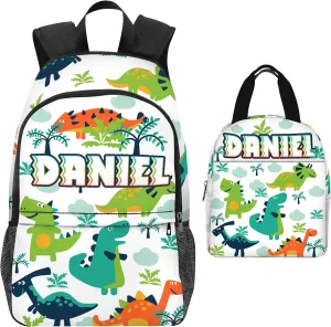 Custom Kids Backpack for Boys - Personalized School Backpack with Kid's Lunch Box - Dinosaur BackPack for Primary School Students - Travel Bookbag