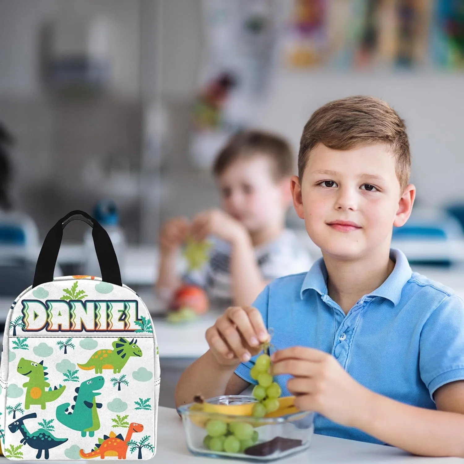 Custom Kids Backpack for Boys - Personalized School Backpack with Kid's Lunch Box - Dinosaur BackPack for Primary School Students - Travel Bookbag