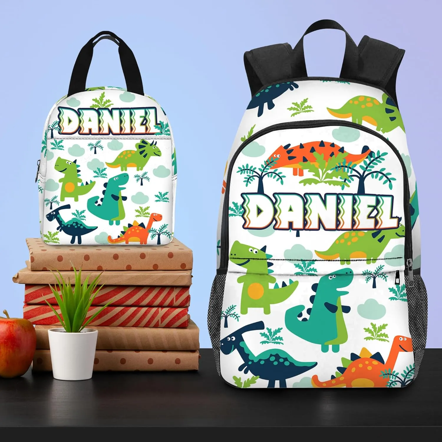 Custom Kids Backpack for Boys - Personalized School Backpack with Kid's Lunch Box - Dinosaur BackPack for Primary School Students - Travel Bookbag