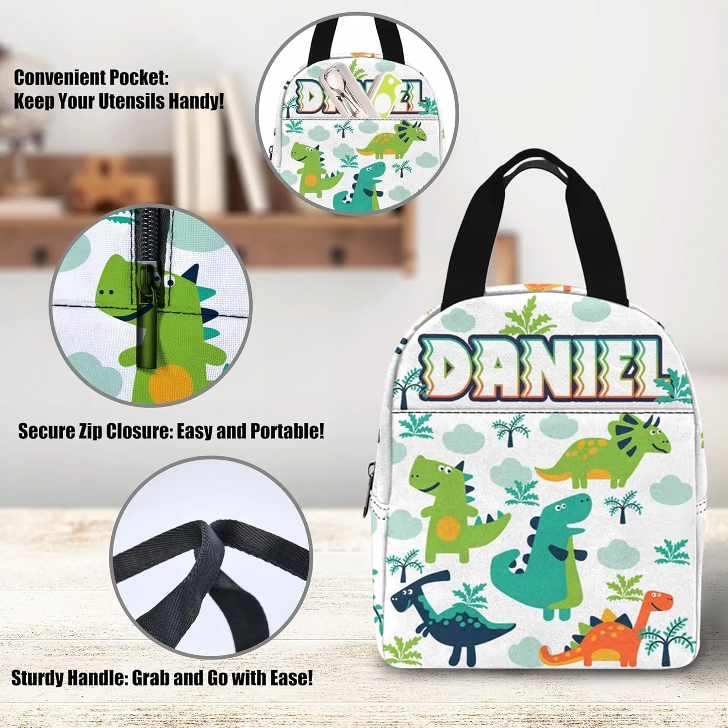 Custom Kids Backpack for Boys - Personalized School Backpack with Kid's Lunch Box - Dinosaur BackPack for Primary School Students - Travel Bookbag