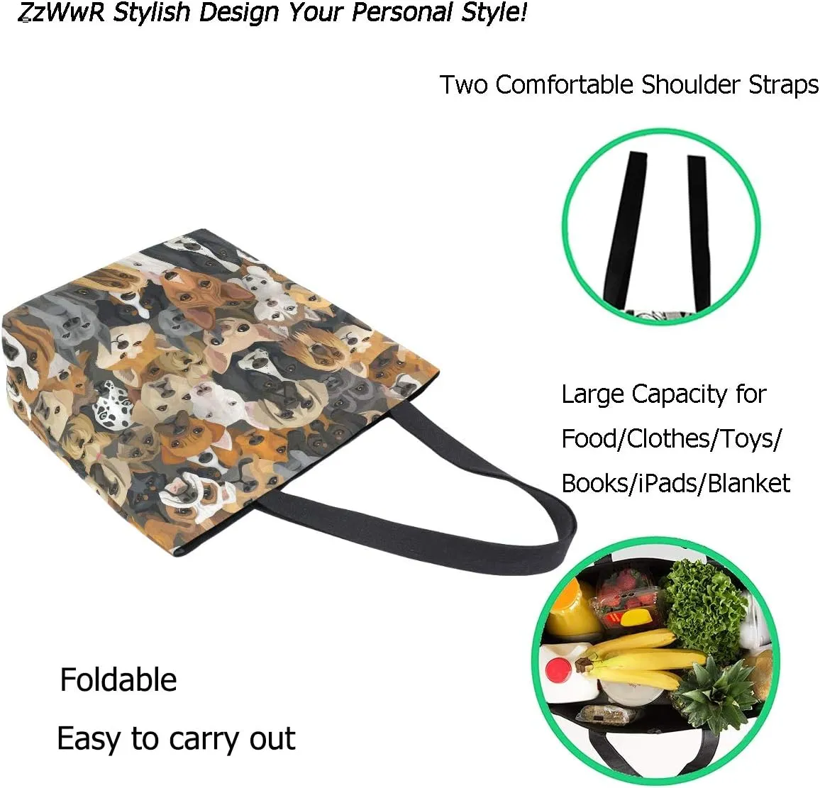 Cute Dogs Extra Large Canvas Beach Travel Reusable Grocery Shopping Tote Bag Market Portable Storage HandBags