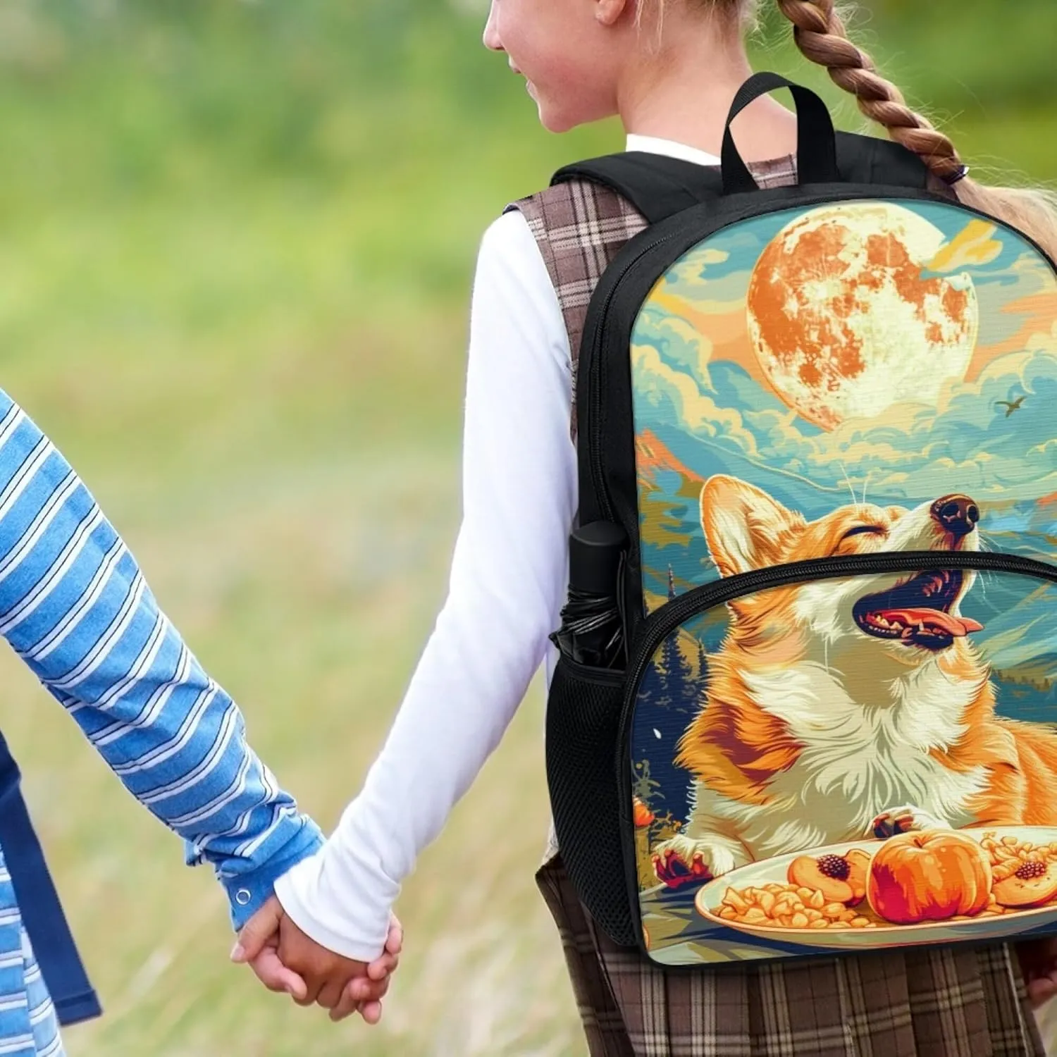 Cute School Bag Boys Broccoli Cat Backpack Girls Soft Comfy Elementary Student Bookbag with Adjustable Padded Shoulder Straps 17 Inch Large Book Daypack Back To School Gifts