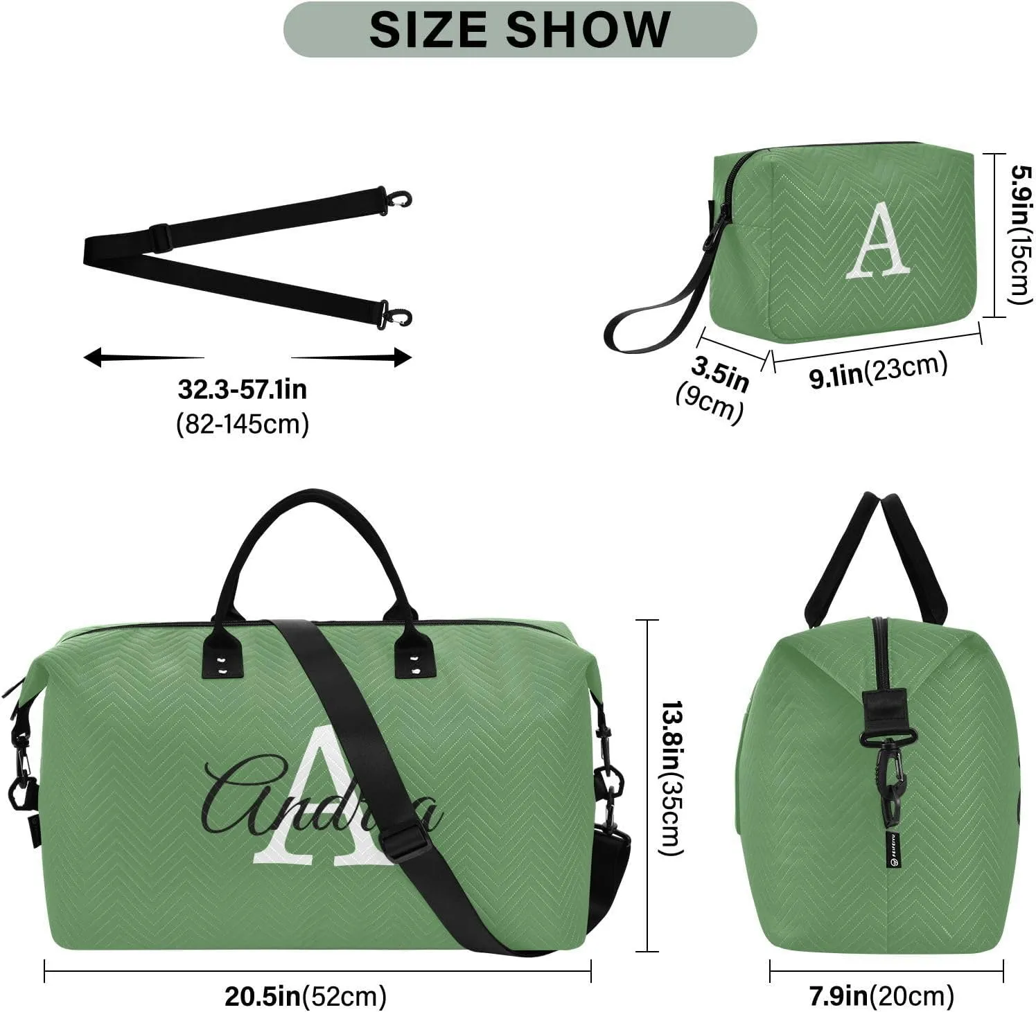 DOMIKING Grass Green Personalized Duffel Bag Foldable Weekender Bag Overnight Bags for Women Men Custom Travel Bag with Toiletry Bag for Yoga Business Travel, 2 Pcs