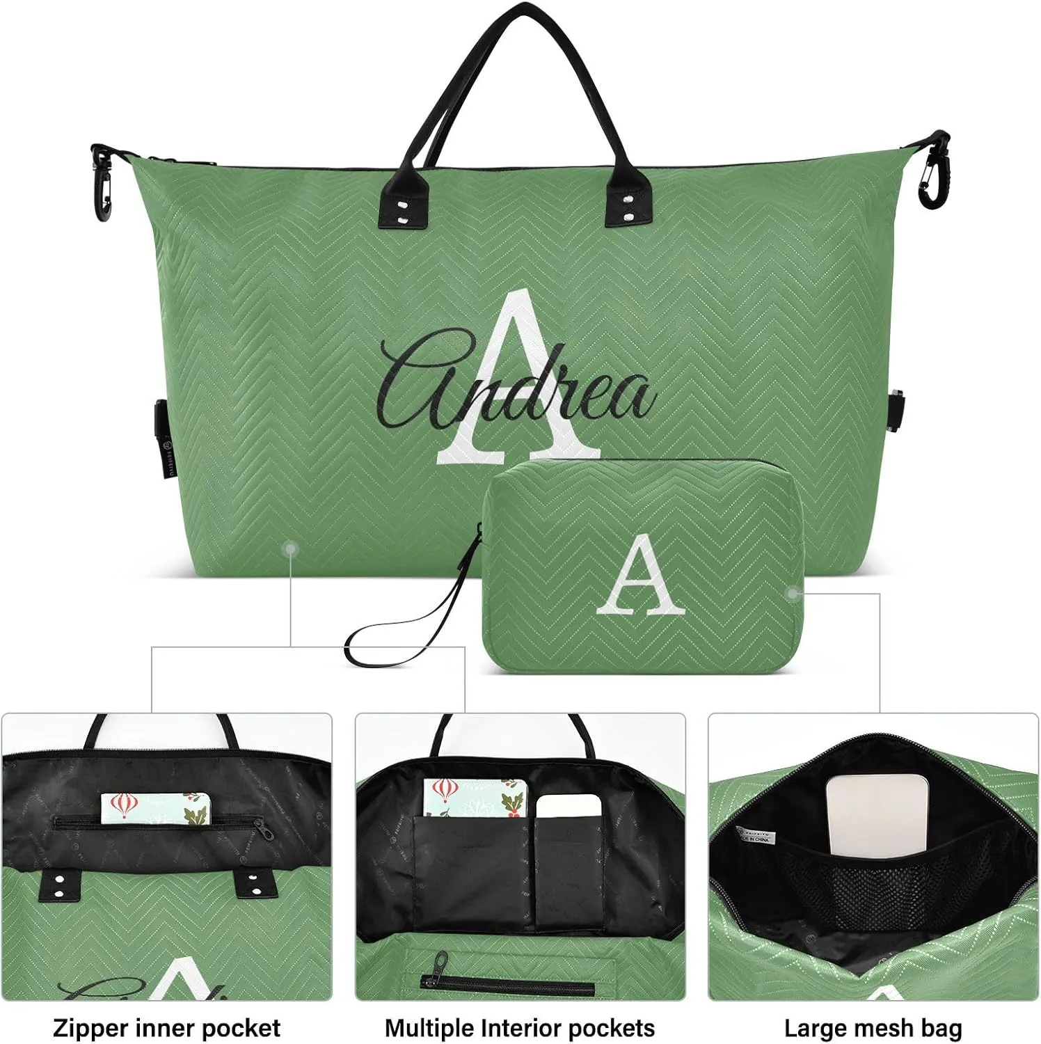 DOMIKING Grass Green Personalized Duffel Bag Foldable Weekender Bag Overnight Bags for Women Men Custom Travel Bag with Toiletry Bag for Yoga Business Travel, 2 Pcs