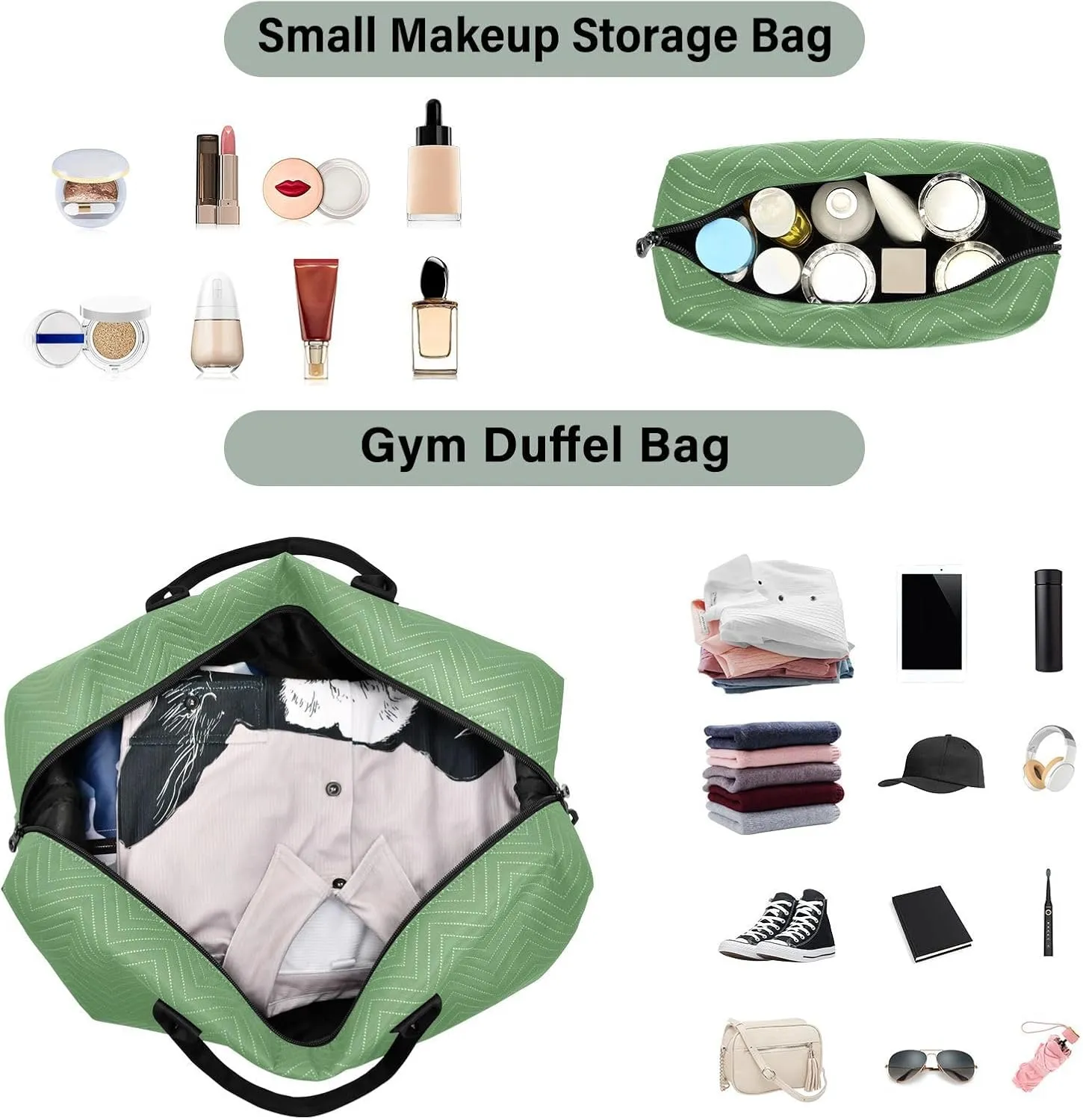 DOMIKING Grass Green Personalized Duffel Bag Foldable Weekender Bag Overnight Bags for Women Men Custom Travel Bag with Toiletry Bag for Yoga Business Travel, 2 Pcs