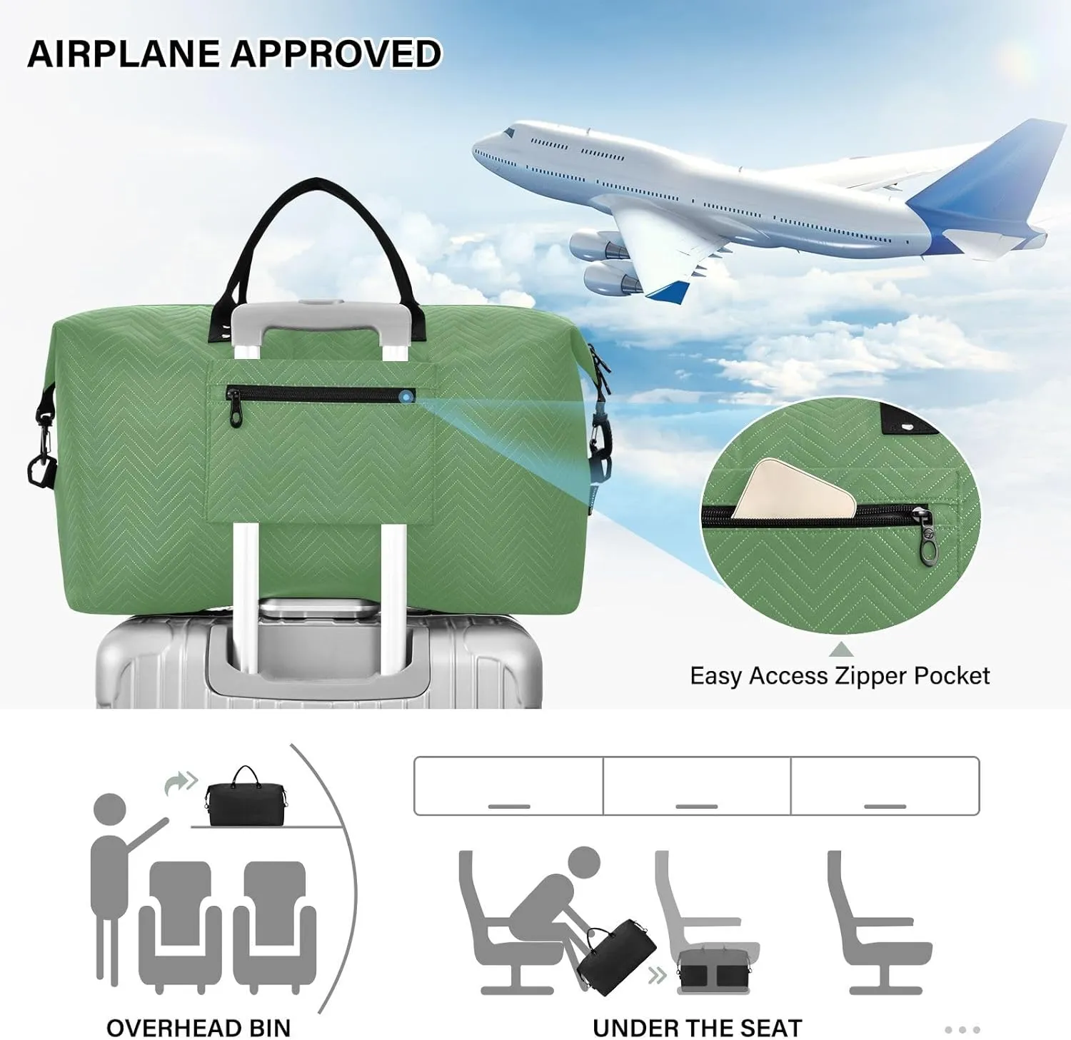 DOMIKING Grass Green Personalized Duffel Bag Foldable Weekender Bag Overnight Bags for Women Men Custom Travel Bag with Toiletry Bag for Yoga Business Travel, 2 Pcs