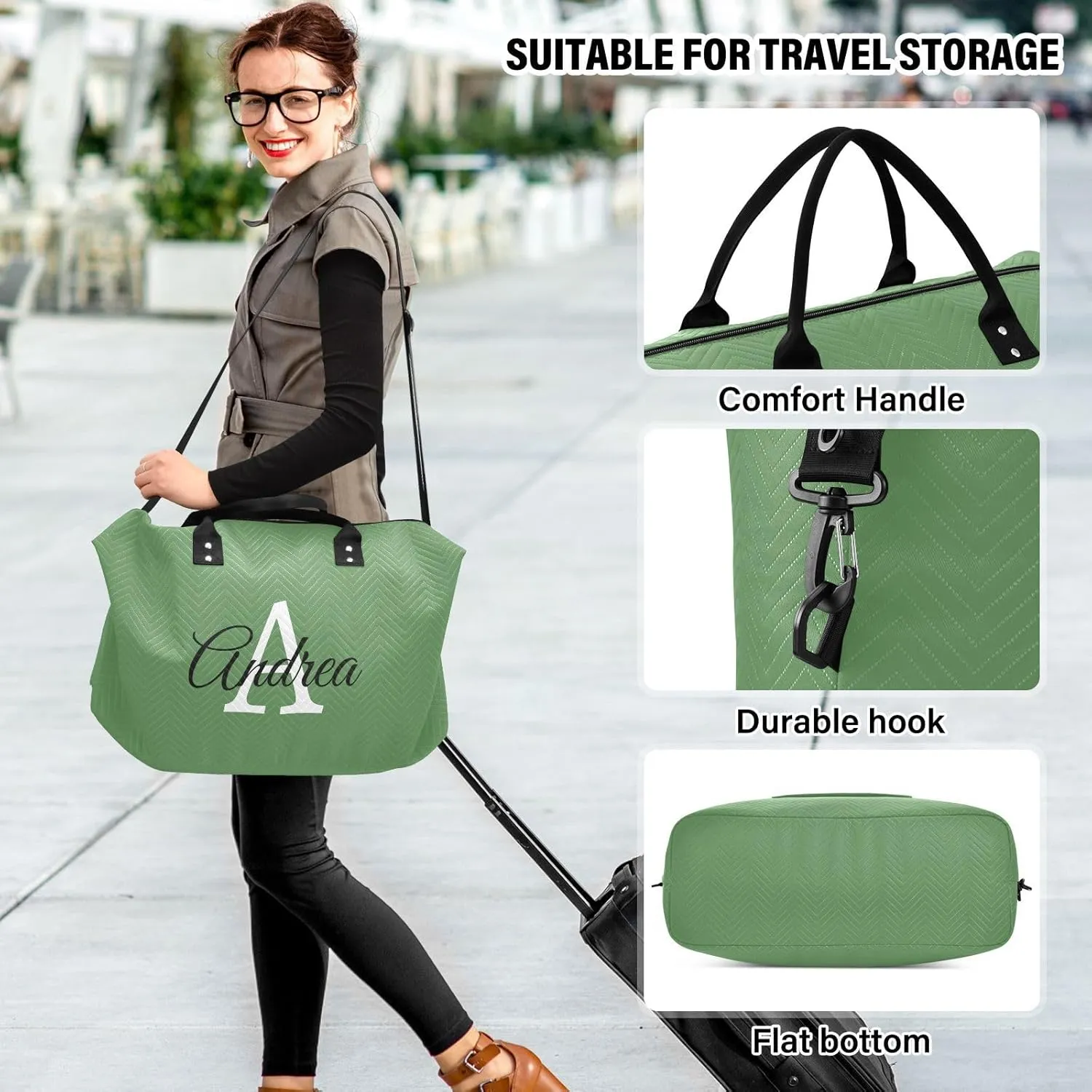 DOMIKING Grass Green Personalized Duffel Bag Foldable Weekender Bag Overnight Bags for Women Men Custom Travel Bag with Toiletry Bag for Yoga Business Travel, 2 Pcs