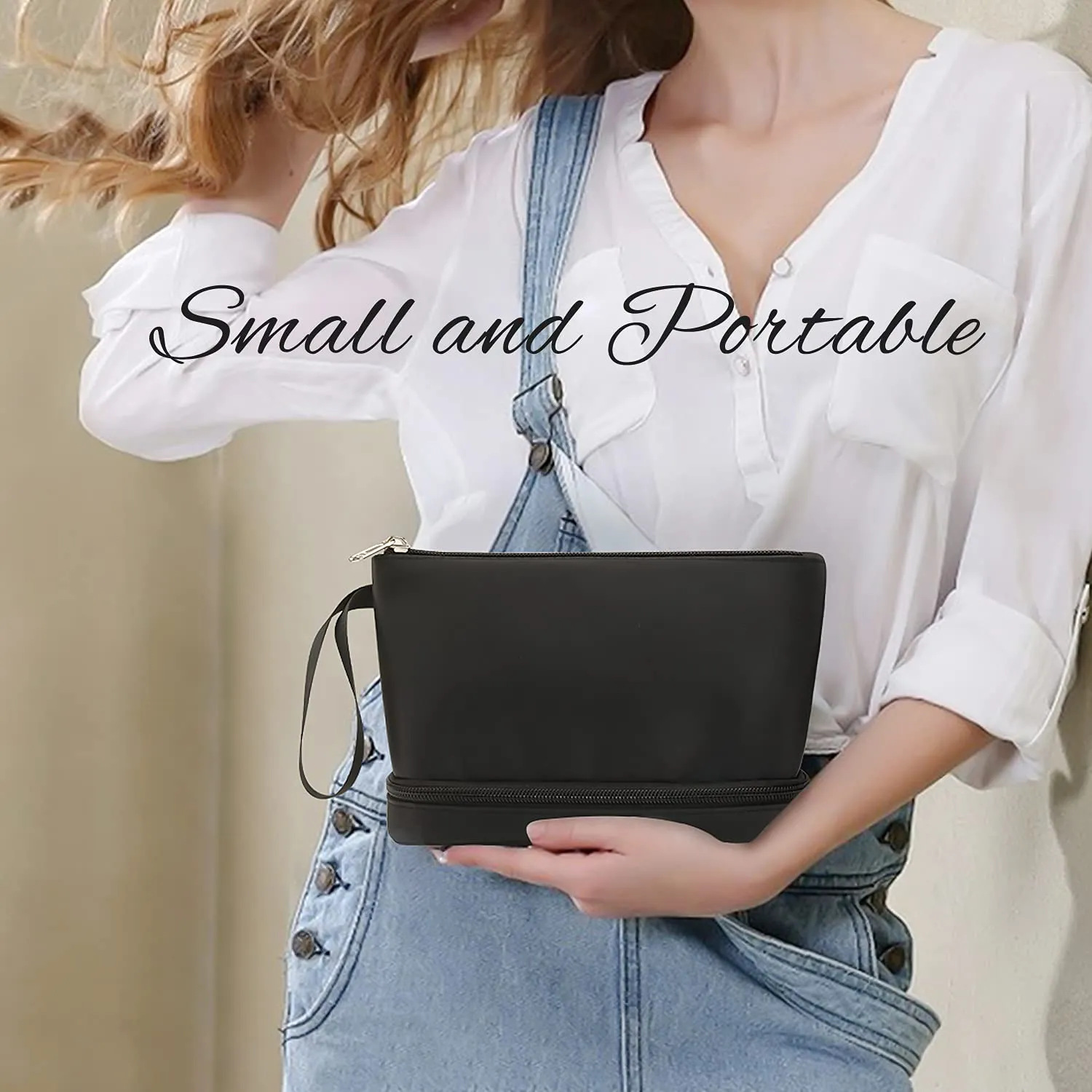 Ethereal Small Makeup Bag for Purse, Double Layer Travel Makeup Brushes Organizer Bags for Women Cosmetic Bag Black Makeup Pouch for Women/Girls