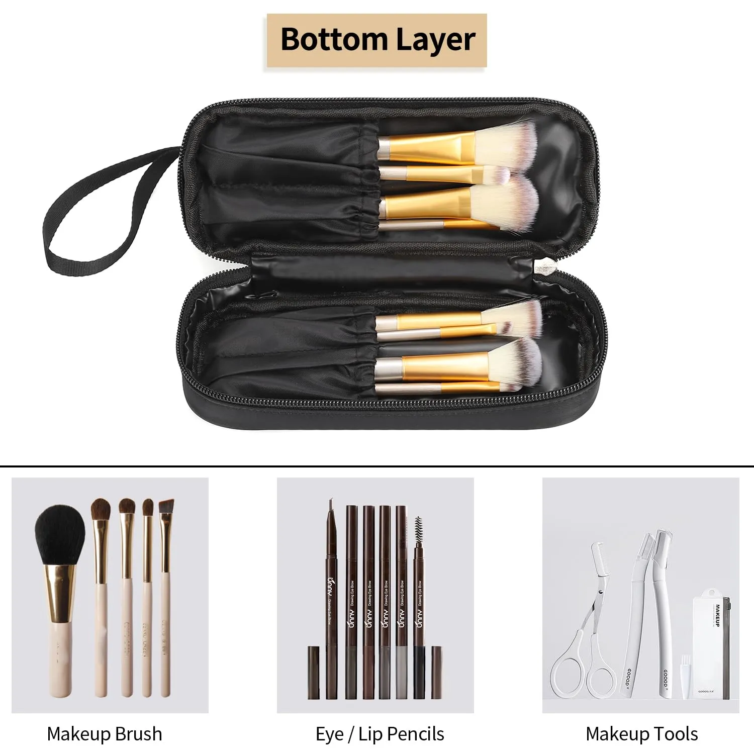 Ethereal Small Makeup Bag for Purse, Double Layer Travel Makeup Brushes Organizer Bags for Women Cosmetic Bag Black Makeup Pouch for Women/Girls