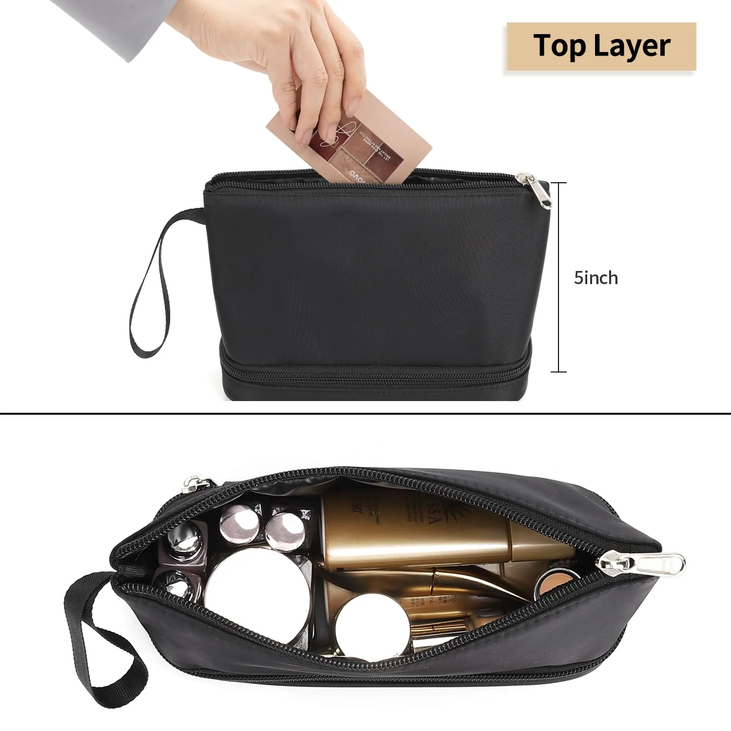 Ethereal Small Makeup Bag for Purse, Double Layer Travel Makeup Brushes Organizer Bags for Women Cosmetic Bag Black Makeup Pouch for Women/Girls