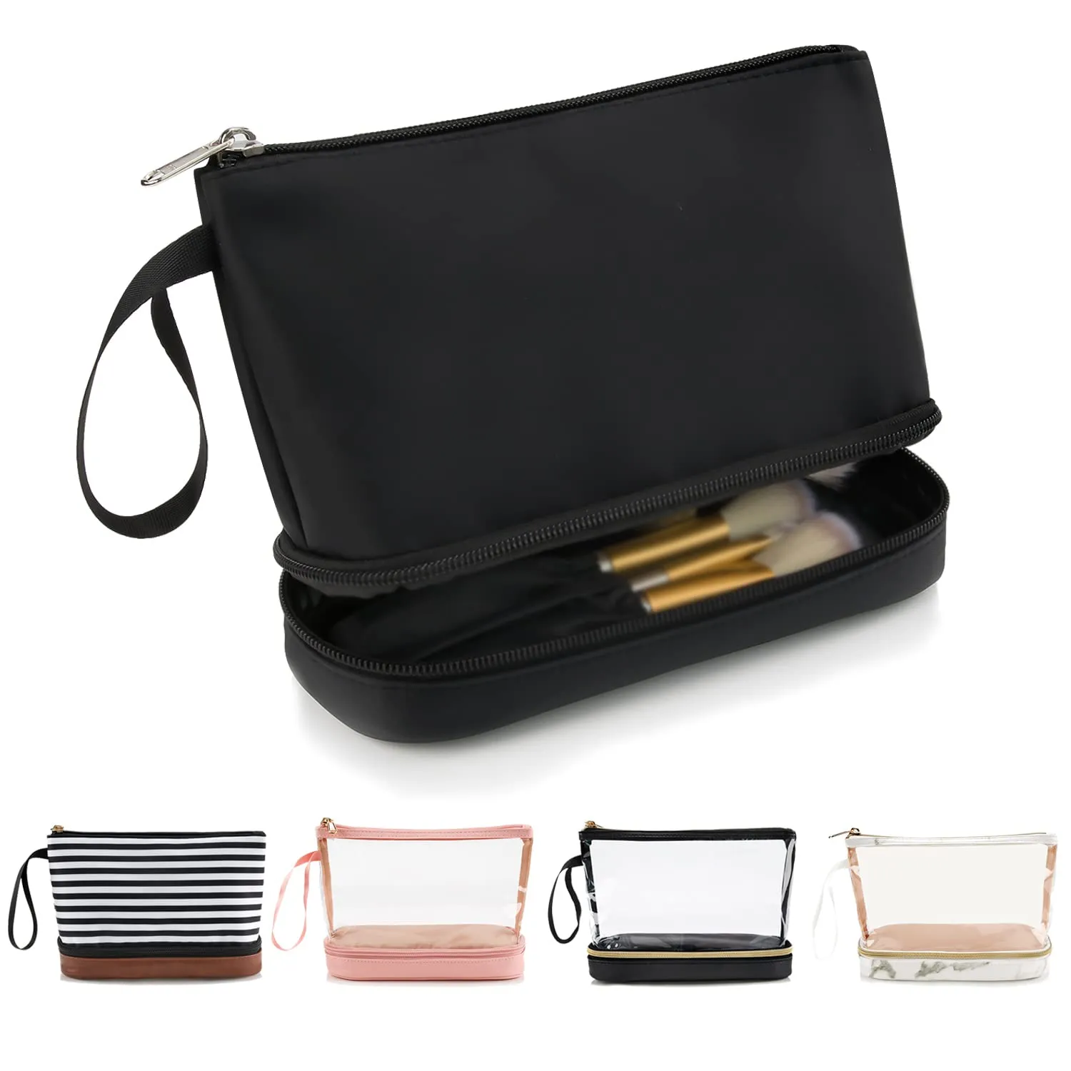 Ethereal Small Makeup Bag for Purse, Double Layer Travel Makeup Brushes Organizer Bags for Women Cosmetic Bag Black Makeup Pouch for Women/Girls