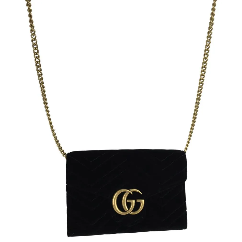 Gucci Women's Black Velvet Matelasse GG Marmont Chain Wallet Crossbody Bag Sz S