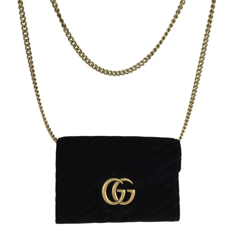 Gucci Women's Black Velvet Matelasse GG Marmont Chain Wallet Crossbody Bag Sz S