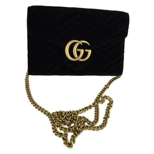 Gucci Women's Black Velvet Matelasse GG Marmont Chain Wallet Crossbody Bag Sz S