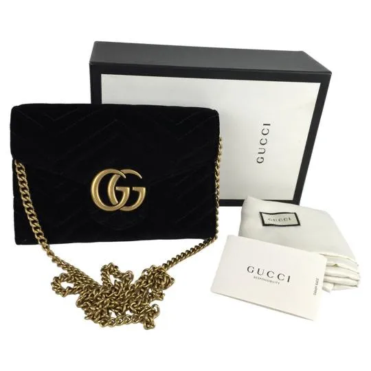 Gucci Women's Black Velvet Matelasse GG Marmont Chain Wallet Crossbody Bag Sz S