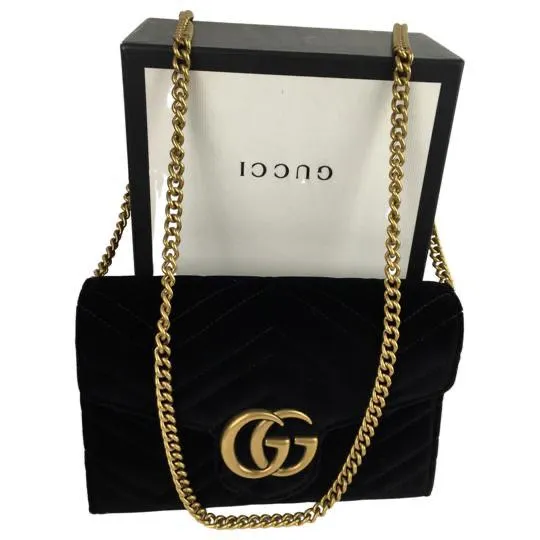 Gucci Women's Black Velvet Matelasse GG Marmont Chain Wallet Crossbody Bag Sz S