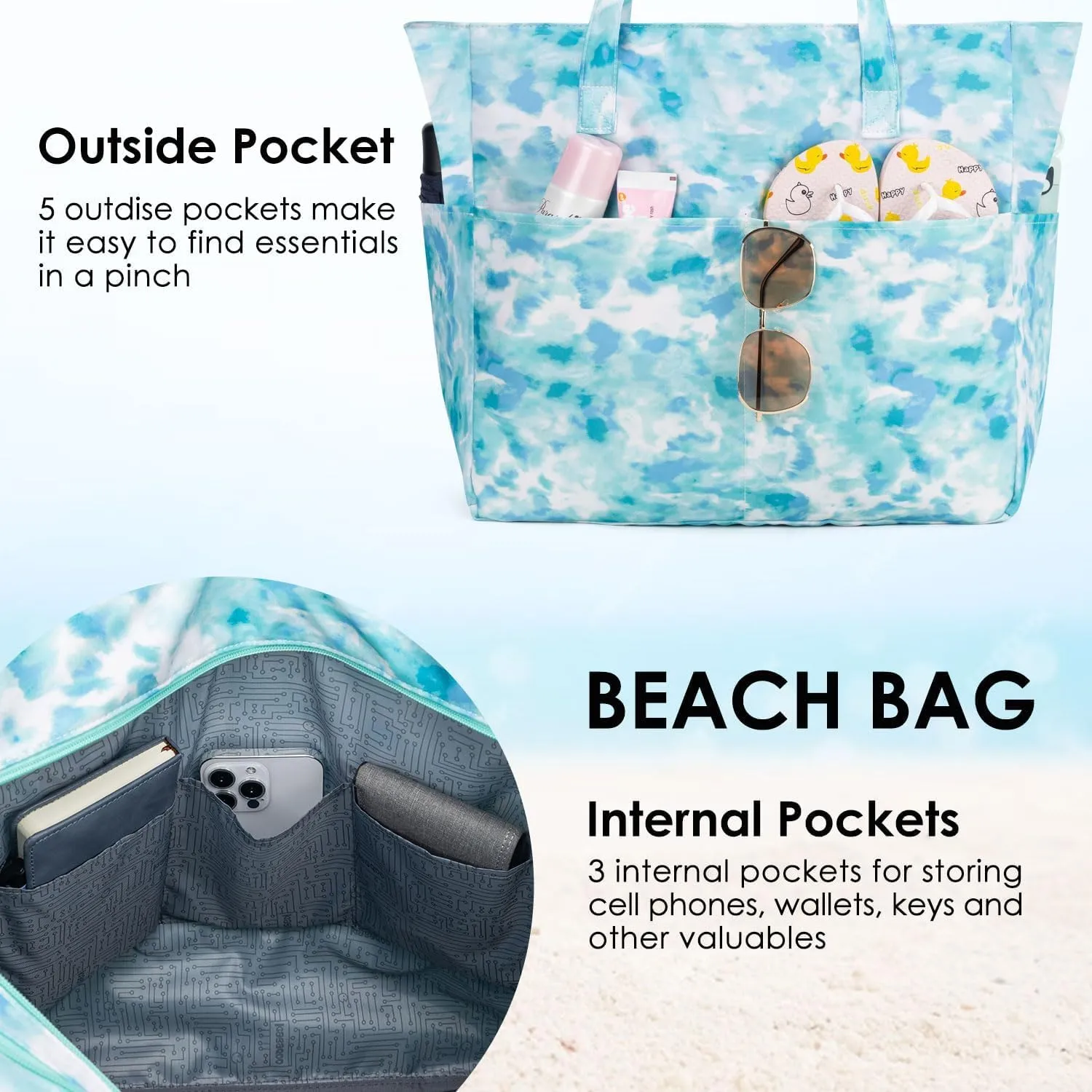 KABAQOO Extra Large Beach Bag Waterproof Sandproof Women Beach Tote with Zipper & Wet Compartment for Pool Gym Grocery Travel